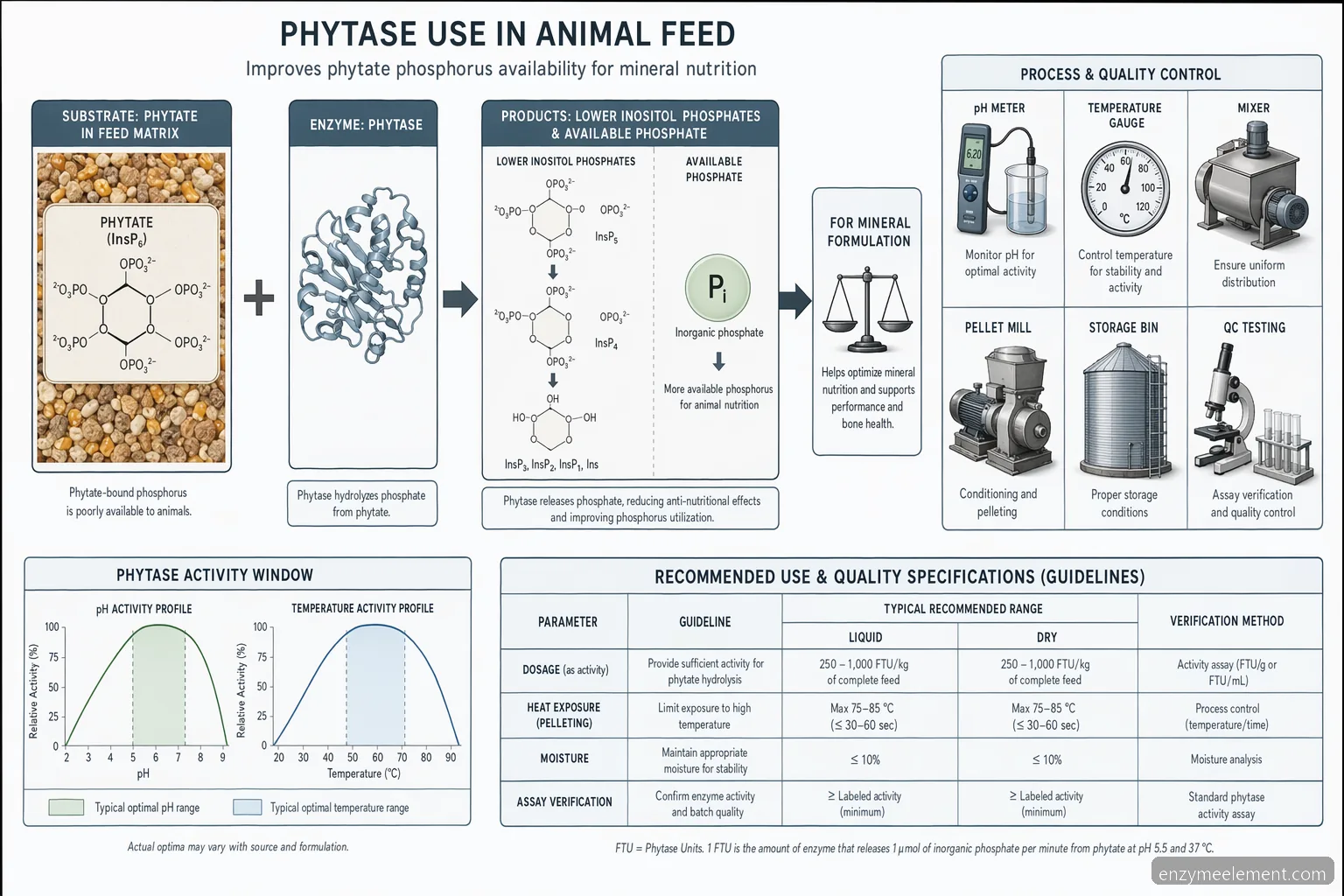 animal feed phytase market mechanism diagram showing phytate conversion, pH-temperature window, and processing checkpoints