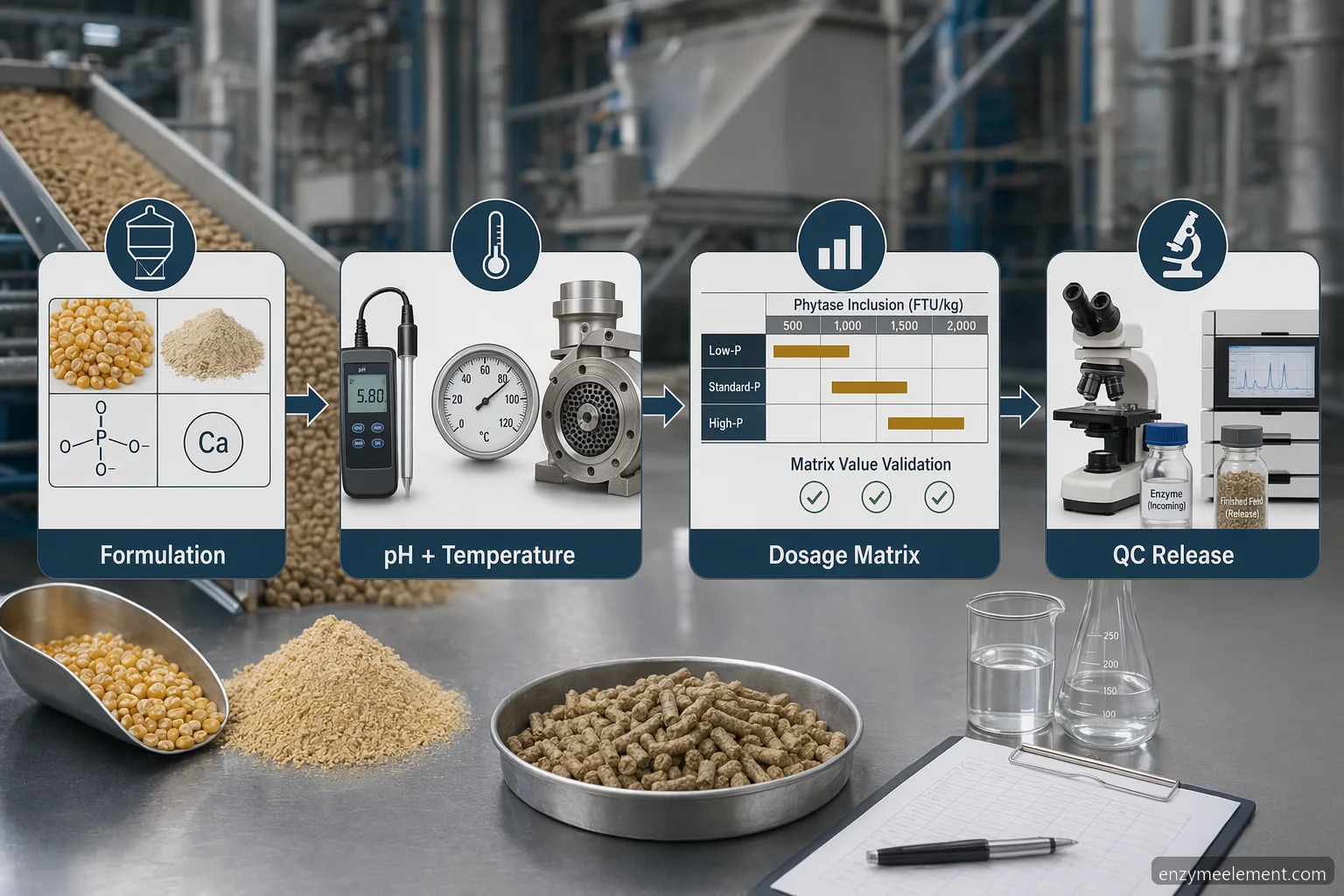 phytase animal feed process guide infographic showing formulation, pelleting, dosage validation, and quality control