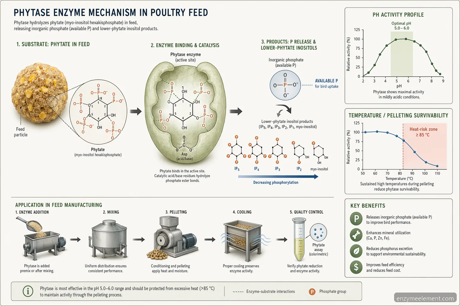 phytase enzyme for poultry reaction mechanism diagram tracing phytate to available phosphorus across pH and heat controls