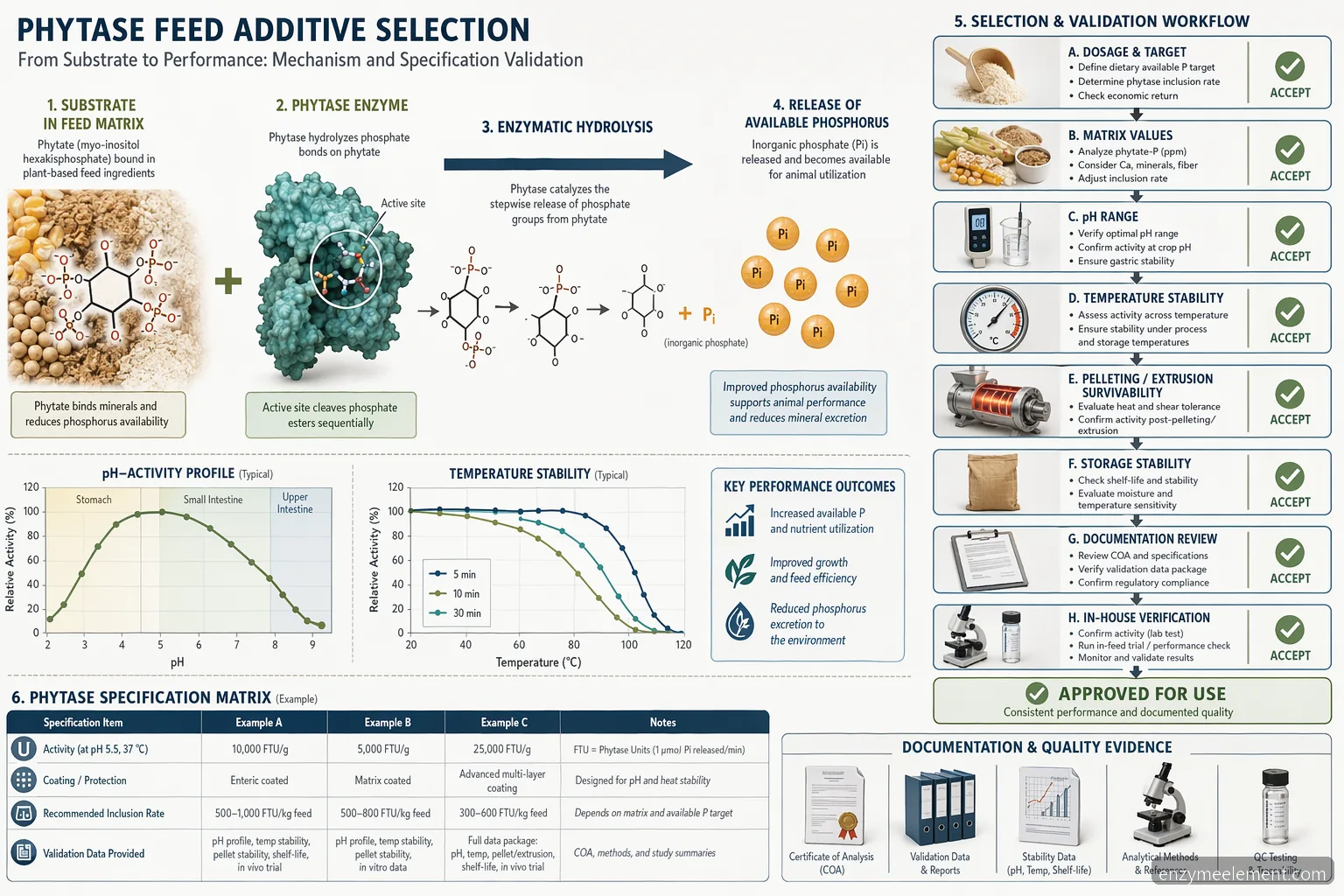 phytase feed additive process diagram showing pH, heat stability, dosage matrix values, and phytate conversion