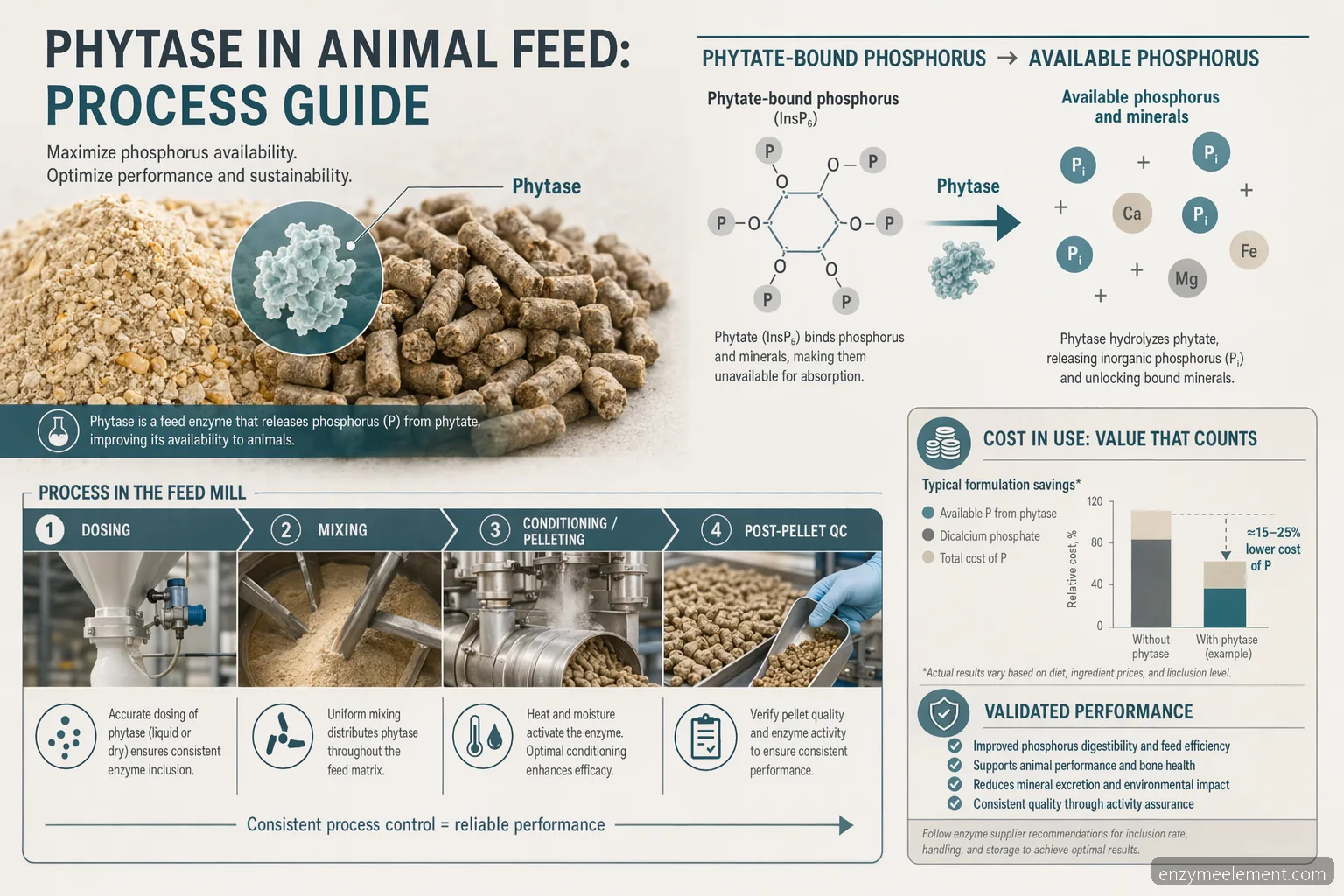 phytase in animal feed process guide infographic showing phosphorus release, dosing, QC, and cost-in-use checks