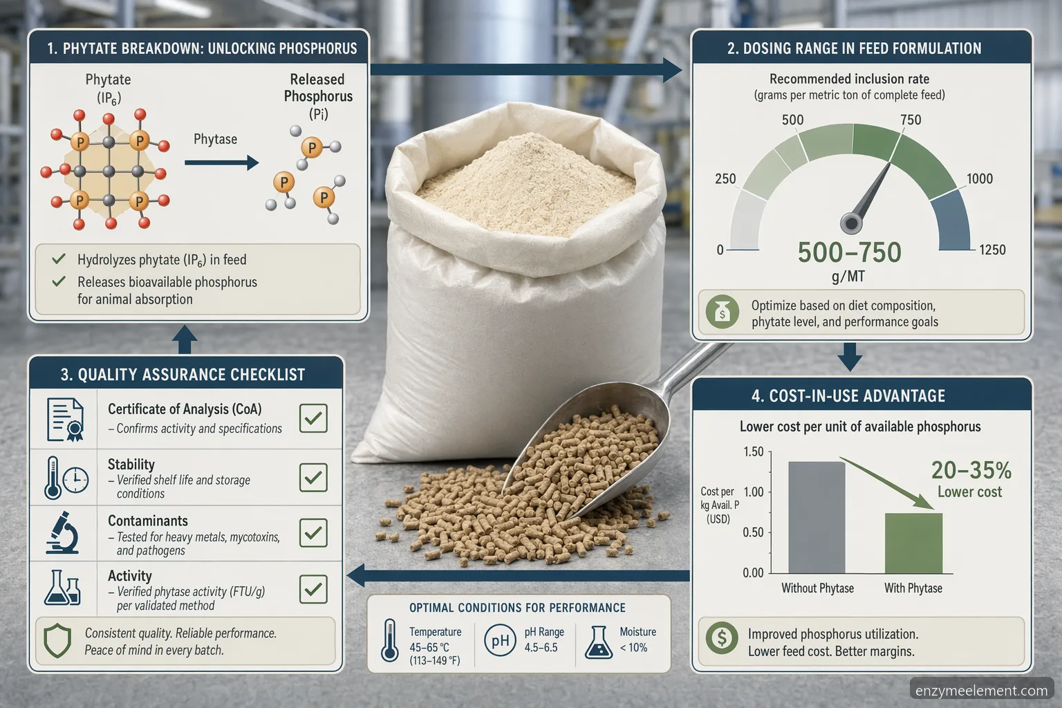 Leverandørguide for phytase powder til animal feed med dosering, QC-dokumenter, kompatibilitet og omkostning pr. brug