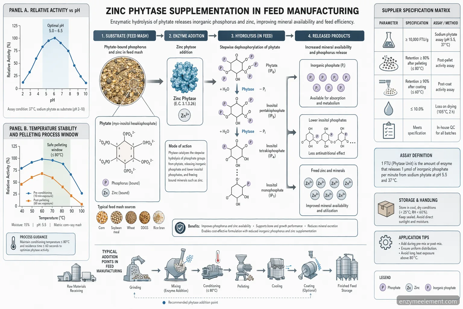 zinc phytase supplementation mechanism diagram tracing phytate hydrolysis, phosphate release, pH activity, and heat stability